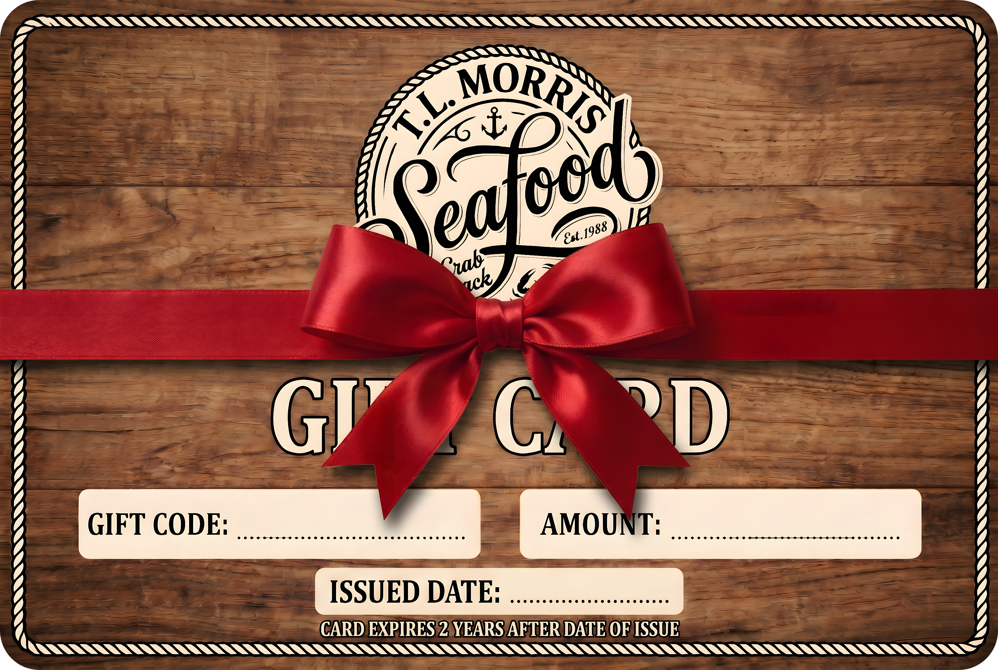 Gift card with a red ribbon on a wooden background, featuring T.L. Morris Seafood branding.